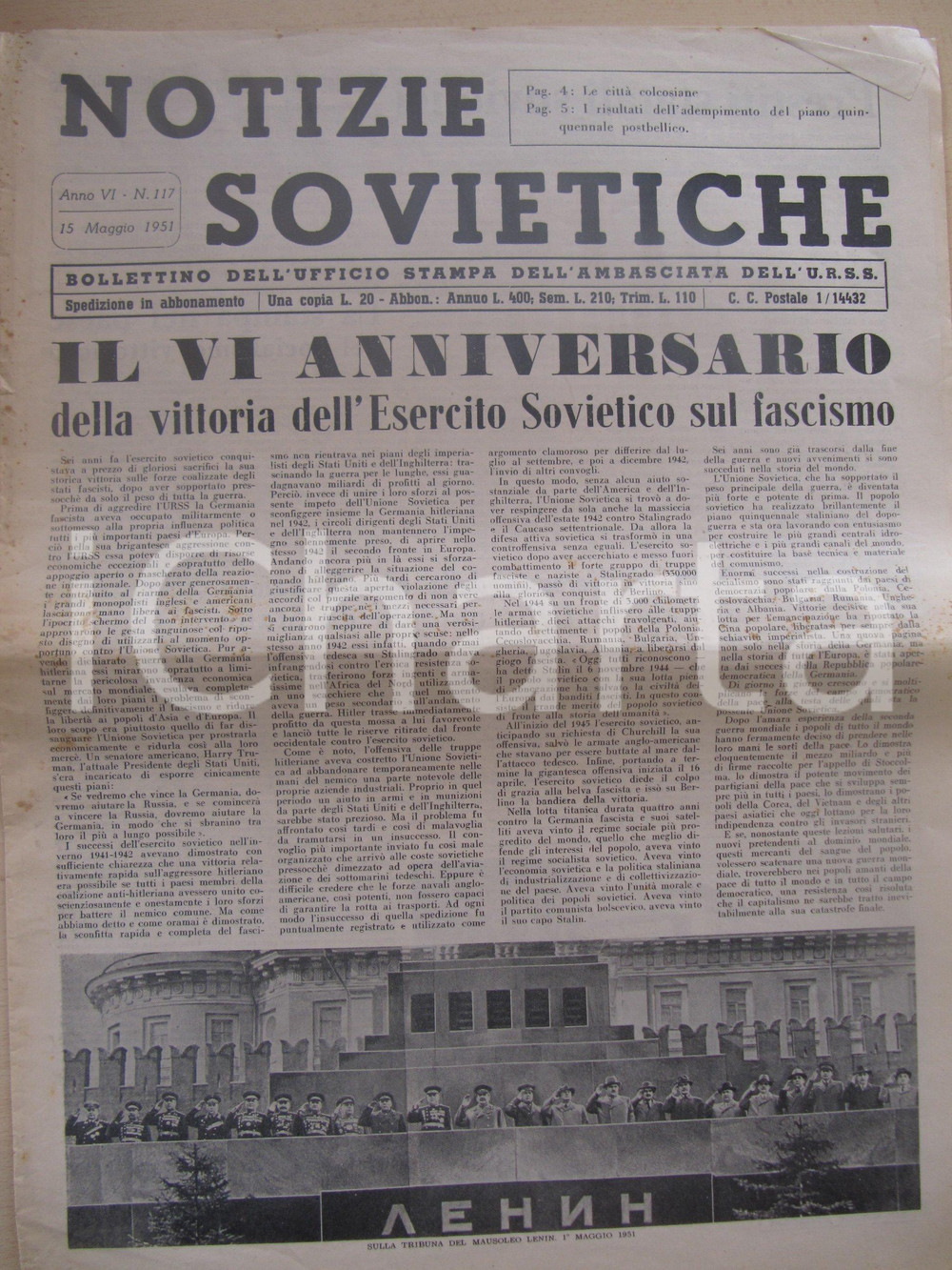Giornale, rivista storica 1951 NOTIZIE SOVIETICHE VI anniversario vittoria URSS su Fascismo Giornale 1