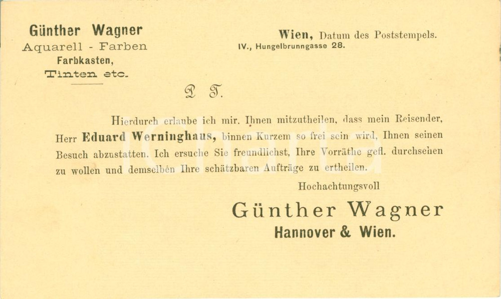 Cartolina originale da collezione 1885 WIEN Gunther WAGNER aquarell Farben commesso viaggiatore Eduard WERNINGHAUS 1