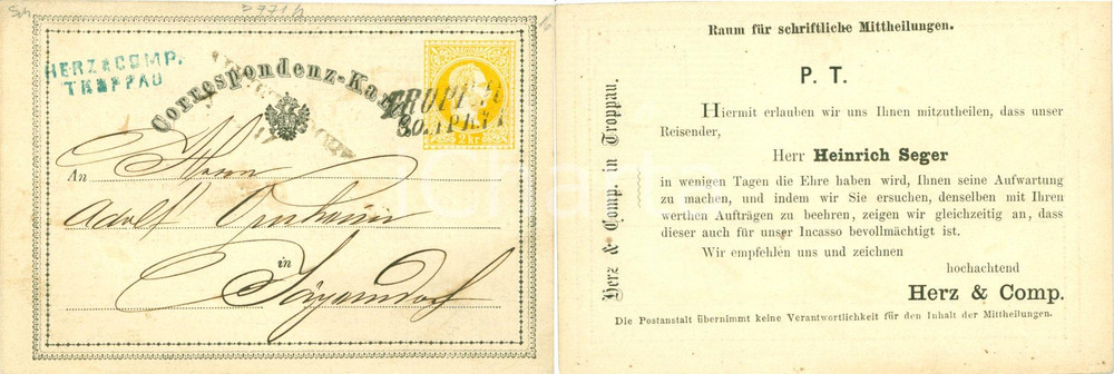 Cartolina originale da collezione 1871 TROPPAU Ditta HERZ & COMP. commesso viaggiatore Heinrich SEGER Biglietto 1