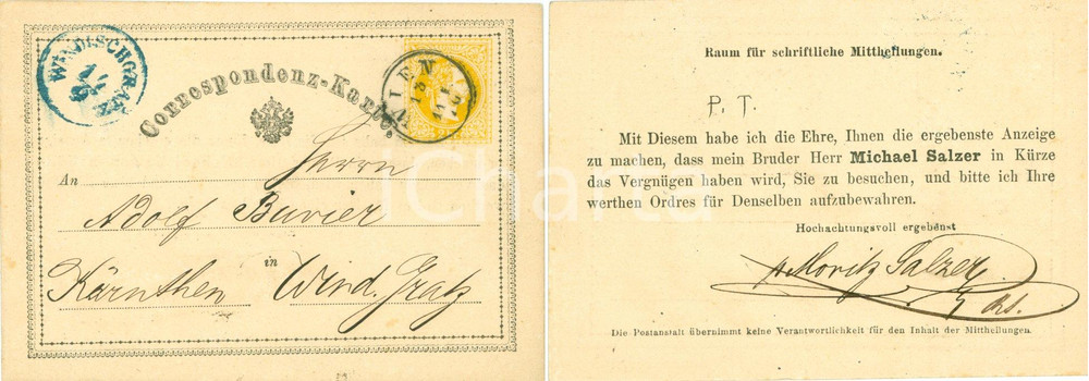 Cartolina originale da collezione 1870 WIEN Moritz SALZER commesso viaggiatore Michael SALZER Biglietto 1