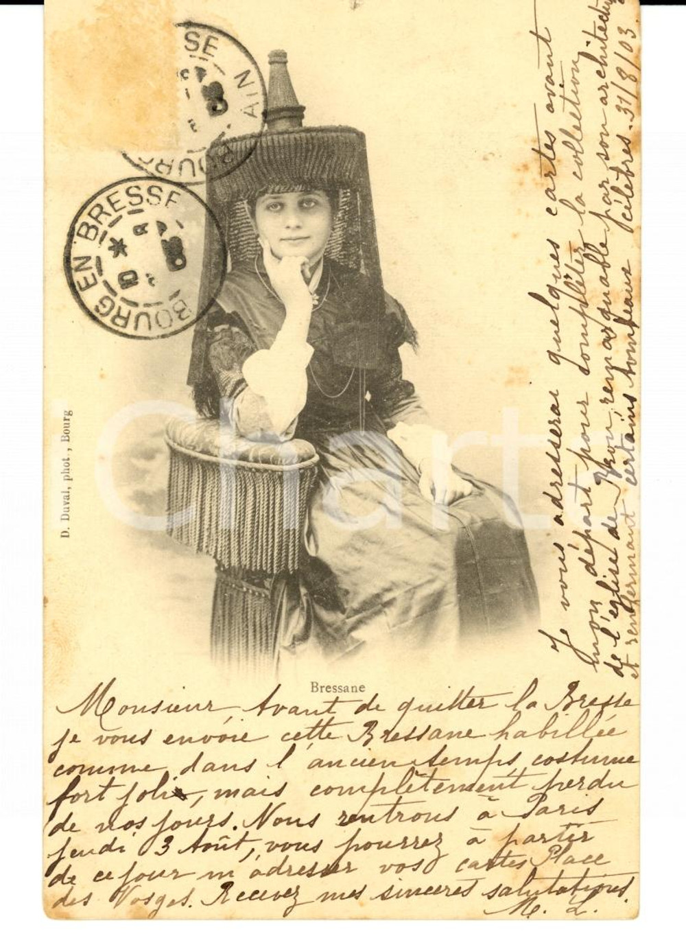 Cartolina originale da collezione 1903 BOURGENBRESSE F COSTUMES FRANCAIS Jeune femme FP VG 1