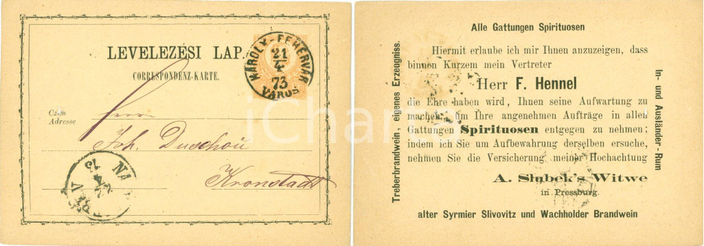 Cartolina originale da collezione 1873 PRESSBURG Ditta SLUBEK S Witwe Syrmier SLIVOVITZ Wachholder Brandwein 1