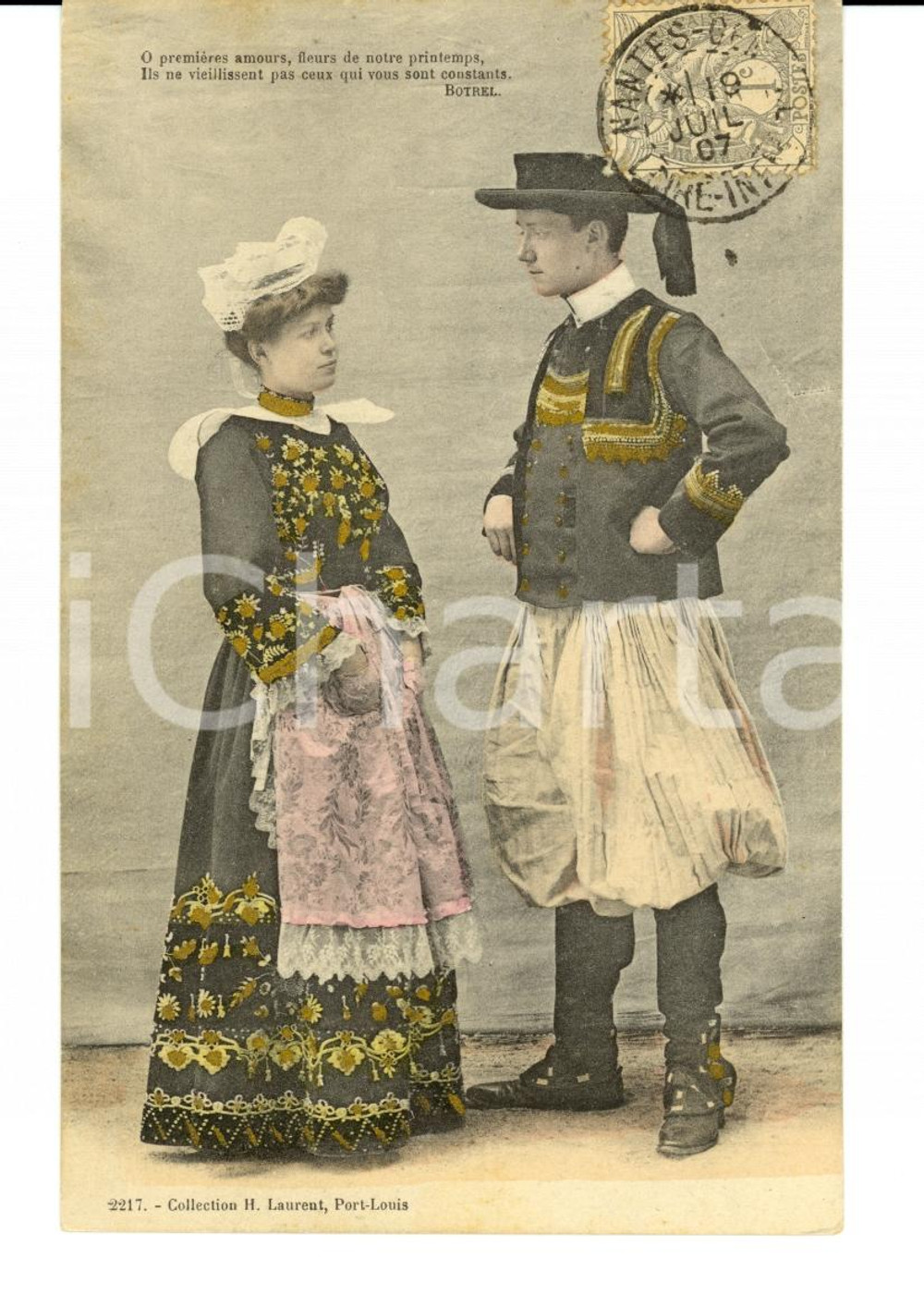 Cartolina originale da collezione 1907 NANTES F COSTUMES BRETONS Couple en costume FP VG 1