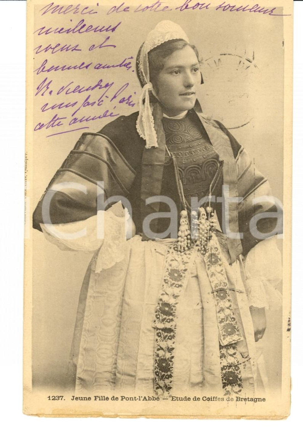 Cartolina originale da collezione 1900 PONT L ABBE  F COSTUMES BRETONS Coiffe de jeune fille FP VG 1