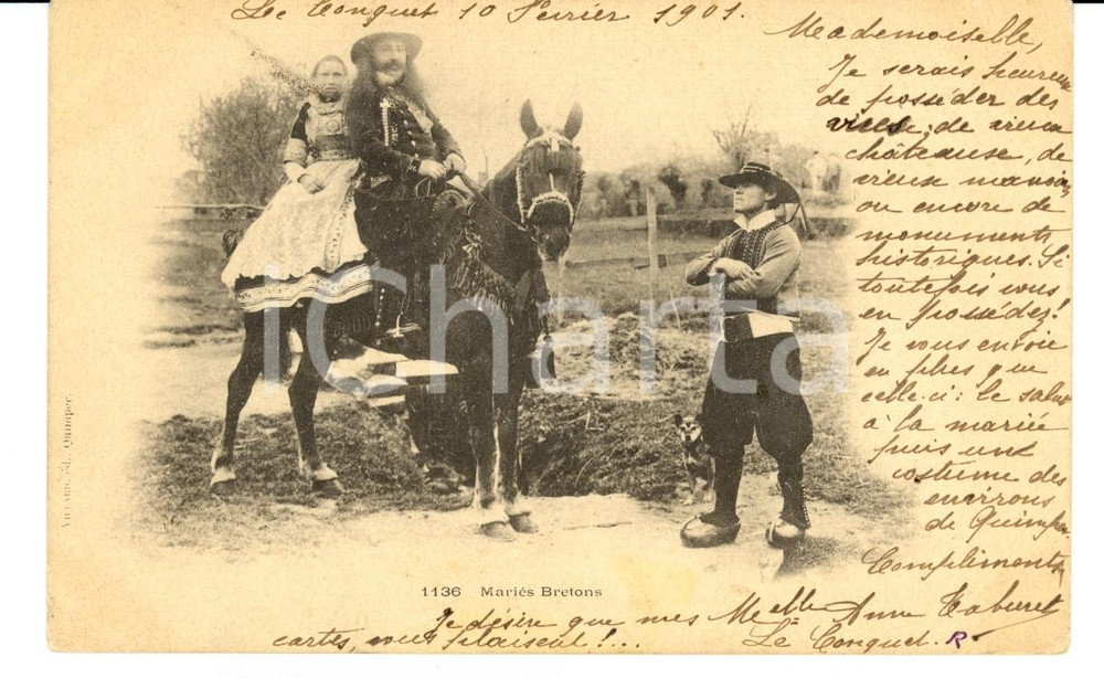 Cartolina originale da collezione 1901 LE CONQUET F COSTUMES FRANCAIS MariÃ©s bretons FP VG 1