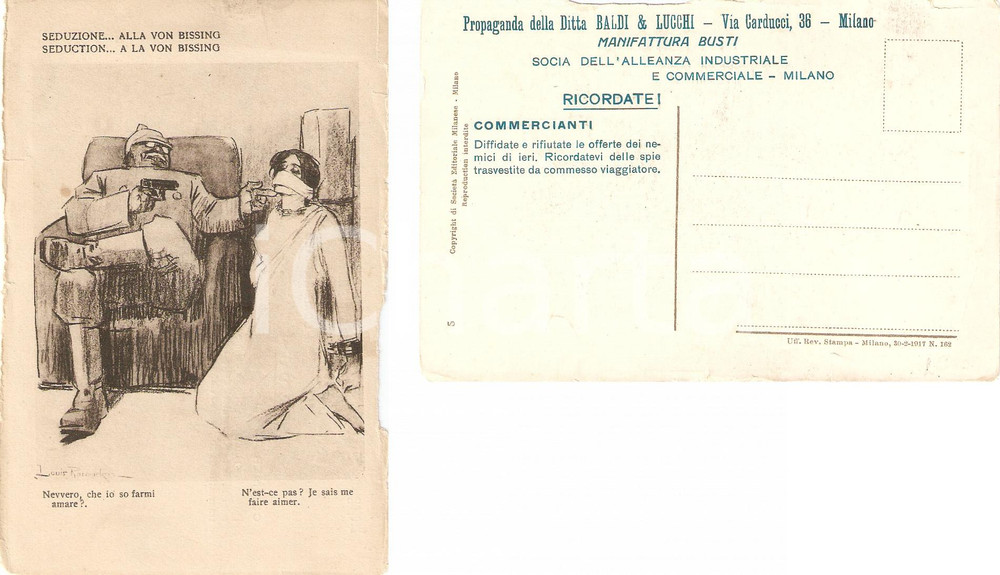 Cartolina originale da collezione 1917 MILANO Ditta BALDI & LUCCHI  Seduzione alla VON BISSING Satirica FP VG 1