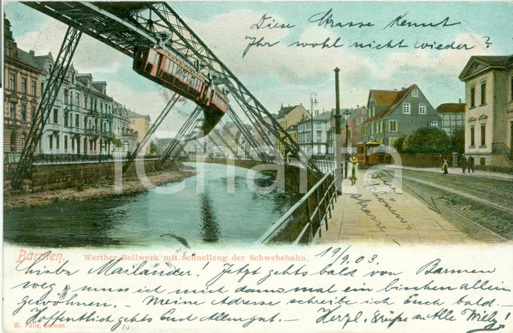 Cartolina originale da collezione 1903 WUPPERTAL DE Teleferica BARMEN con Schnellzug tram ILLUSTRATA FP VG 1