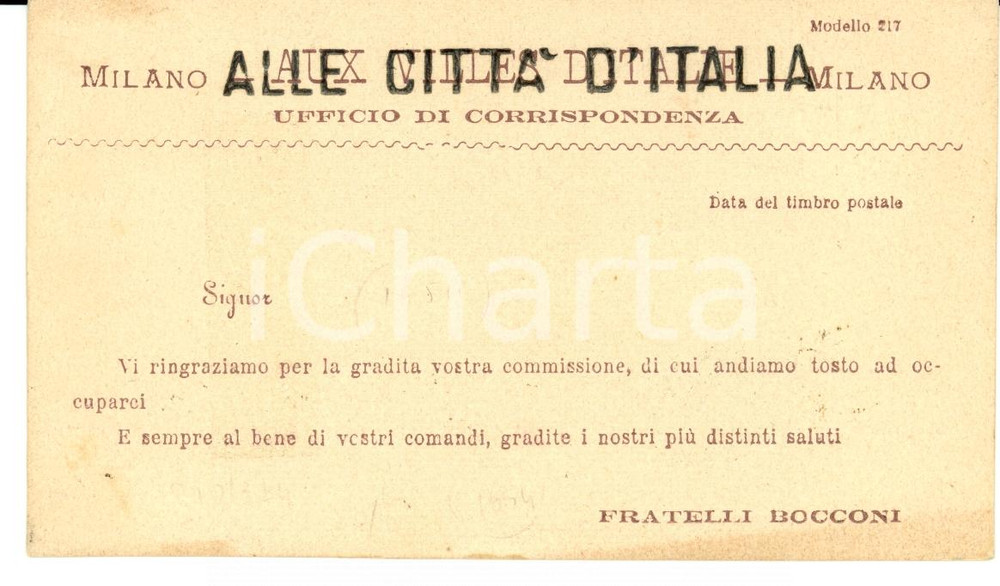 Cartolina originale da collezione 1910 ca MILANO Cartolina circolare posta Fratelli BOCCONI 1