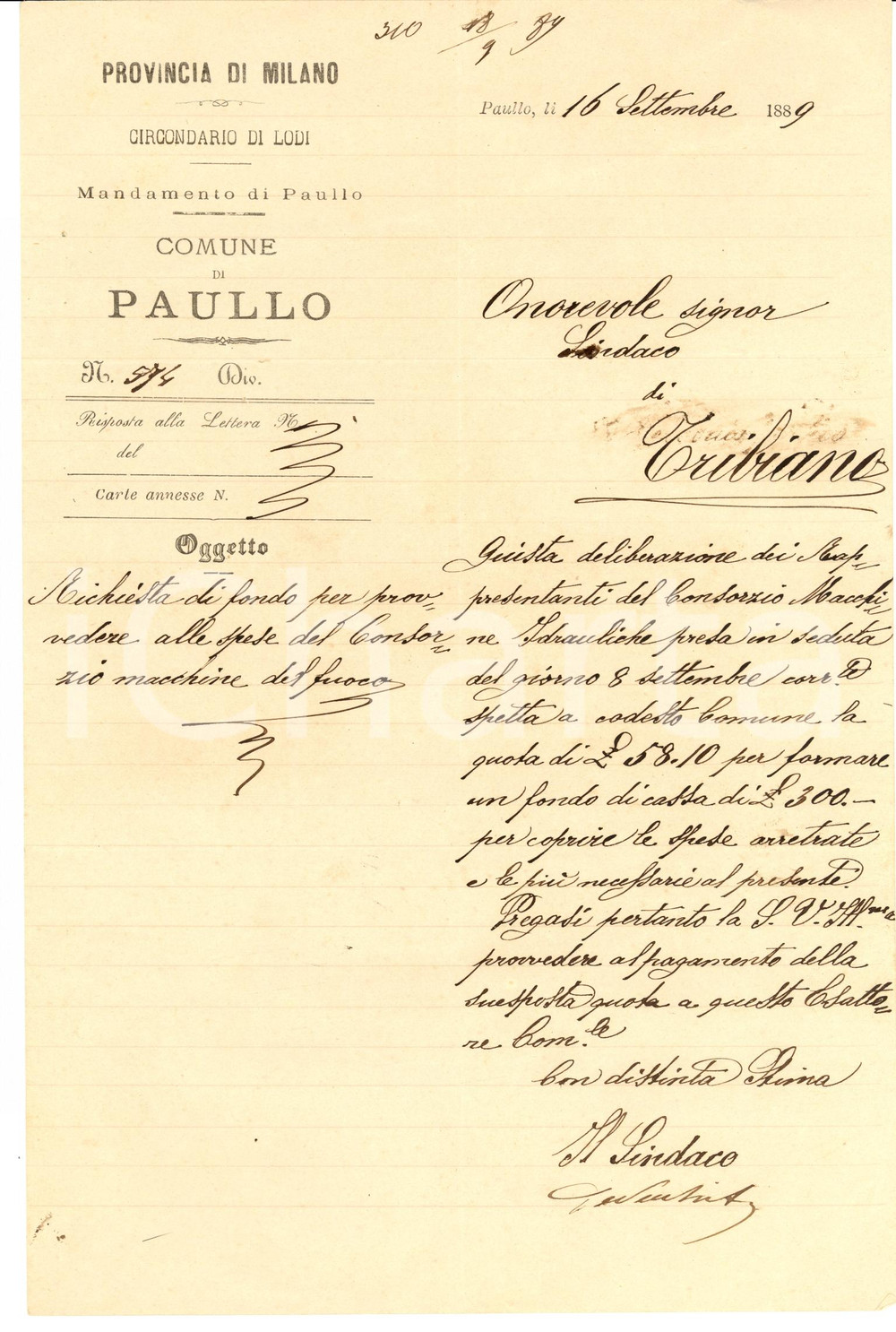 Documento originale, autentico 1889 PAULLO MI Spese per Consorzio MACCHINE DEL FUOCO 1