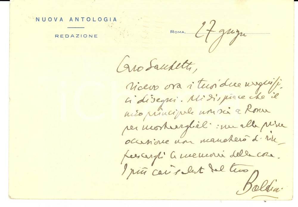 Autografo originale 1930 ROMA NUOVA ANTOLOGIA Antonio BALDINI ringrazia Enrico SACCHETTI Autogr. 1