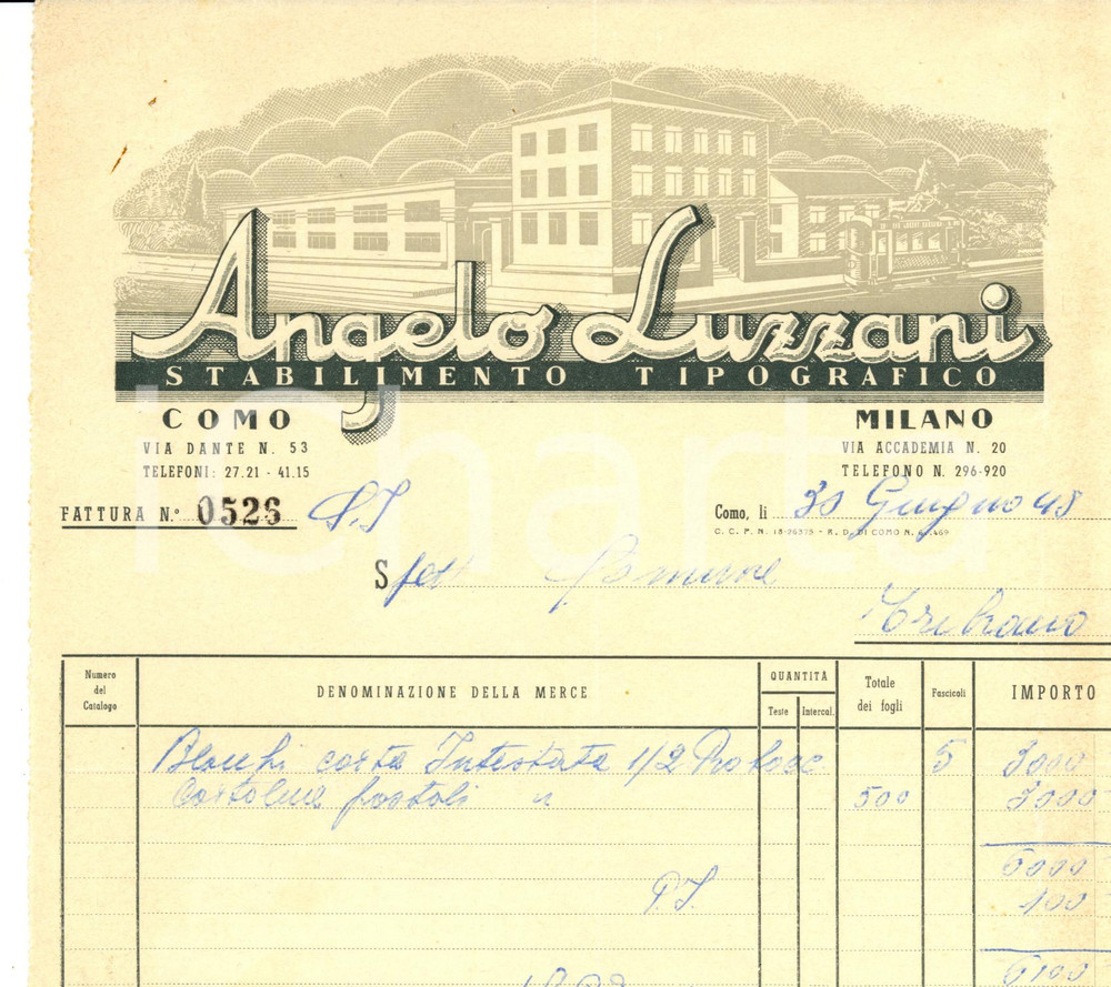 Documento originale, autentico 1948 COMO Angelo LUZZANI Stabilimento tipografico  Fattura intestata 1