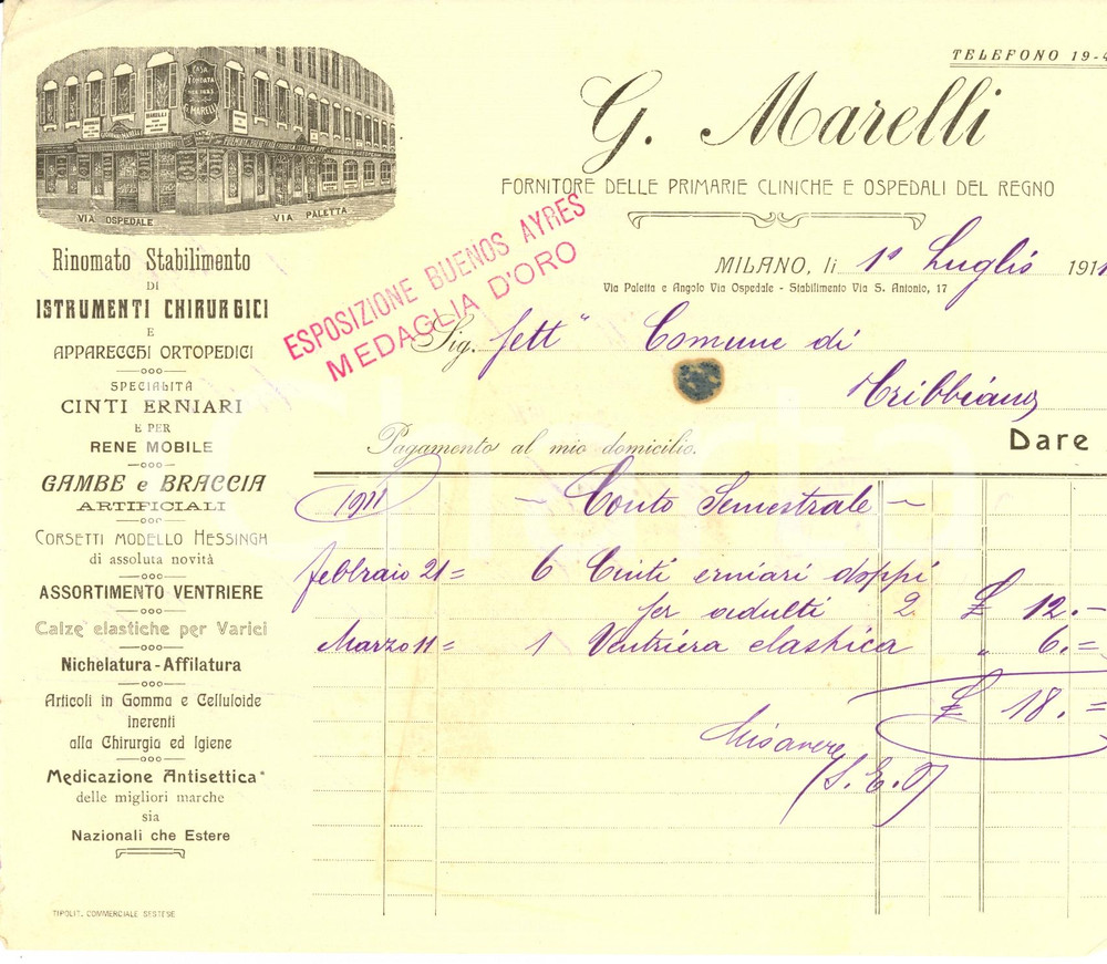 Documento originale, autentico 1911 MILANO Giuseppe MARELLI Strumenti chirurgici  Fattura intestata 1
