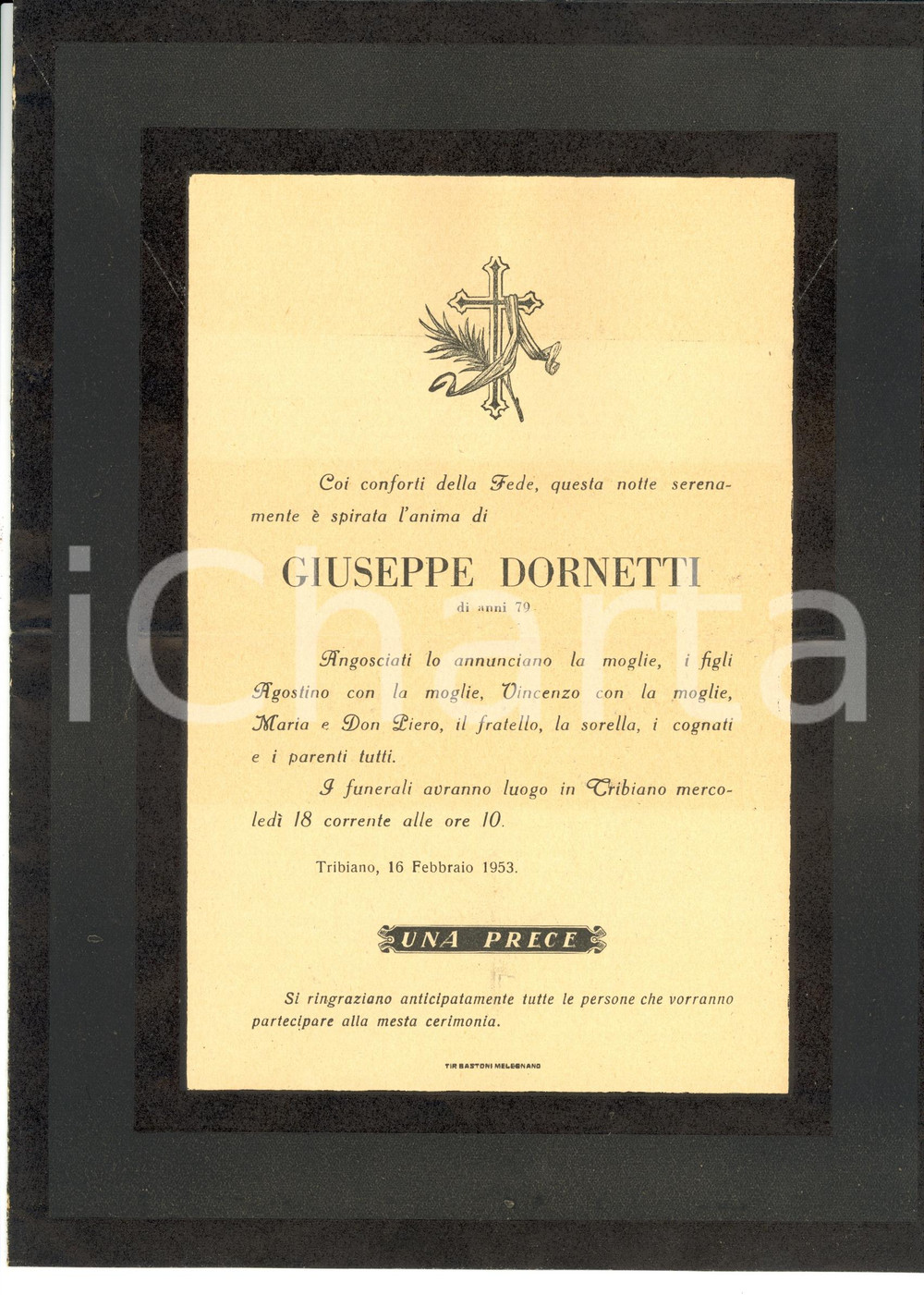 Documento originale, autentico 1953 TRIBIANO MI In morte di Giuseppe DORNETTI  Annuncio 1