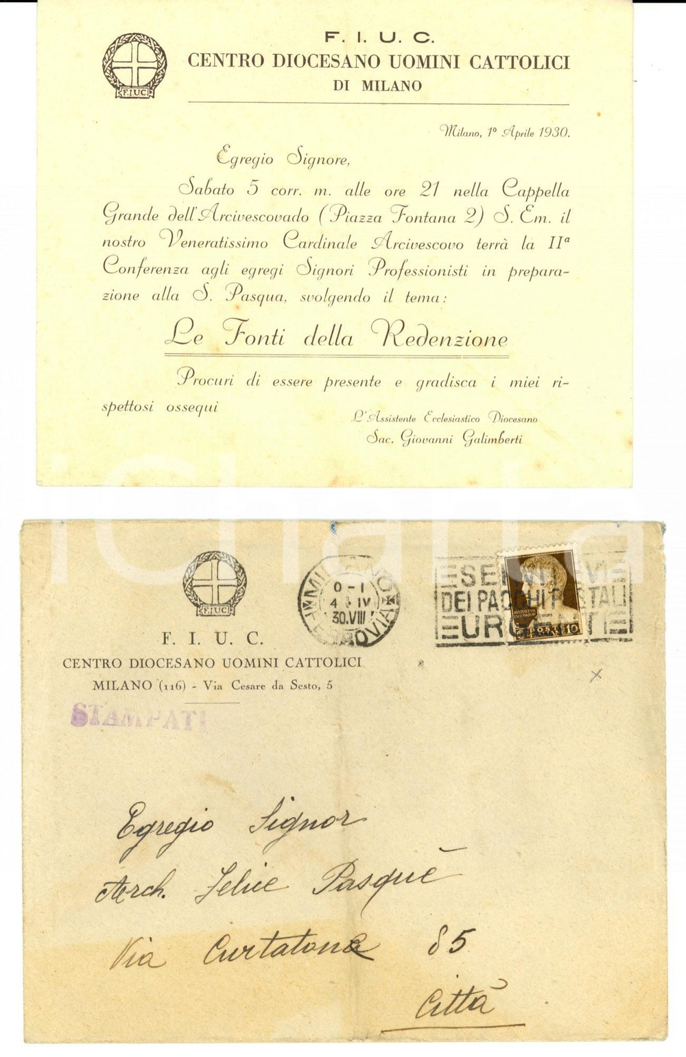 Documento originale, autentico 1930 FIUC MILANO Invito a conferenza card. Ildefonso SCHUSTER 1