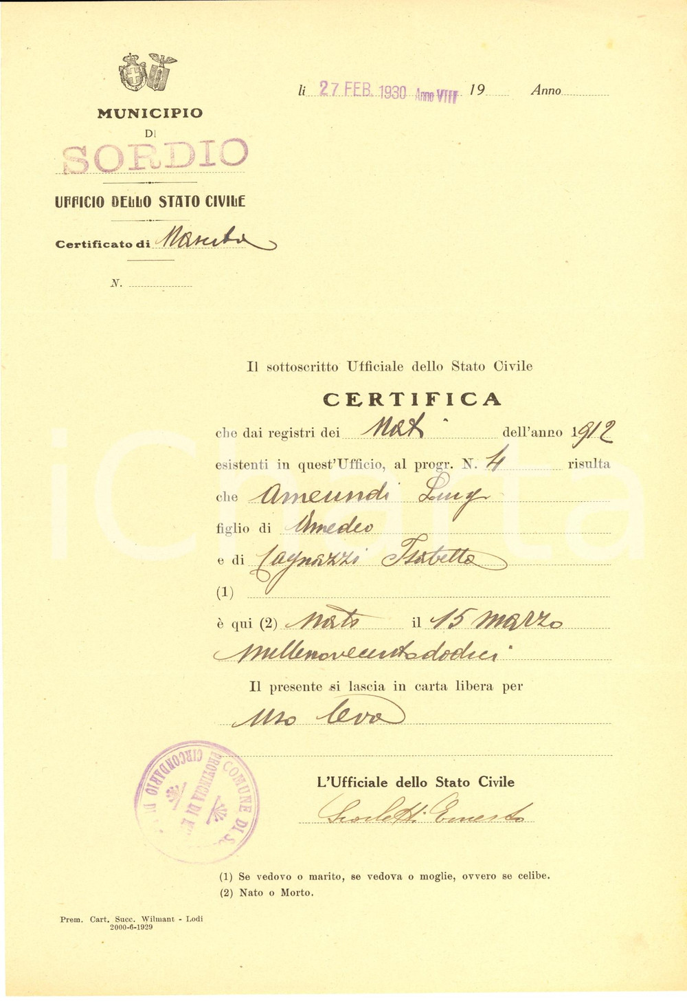 Documento originale, autentico 1930 SORDIO LO Atto di nascita di Luigi AMEUNDI Documento 1