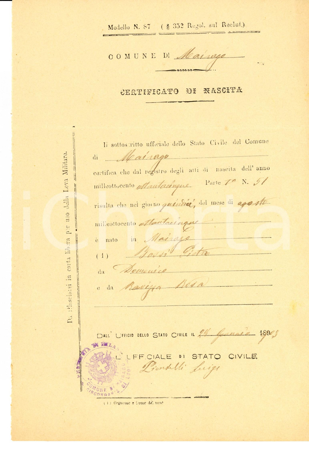 Documento originale, autentico 1903 MAIRAGO LO Atto di nascita di Pietro BOSSI Documento 1