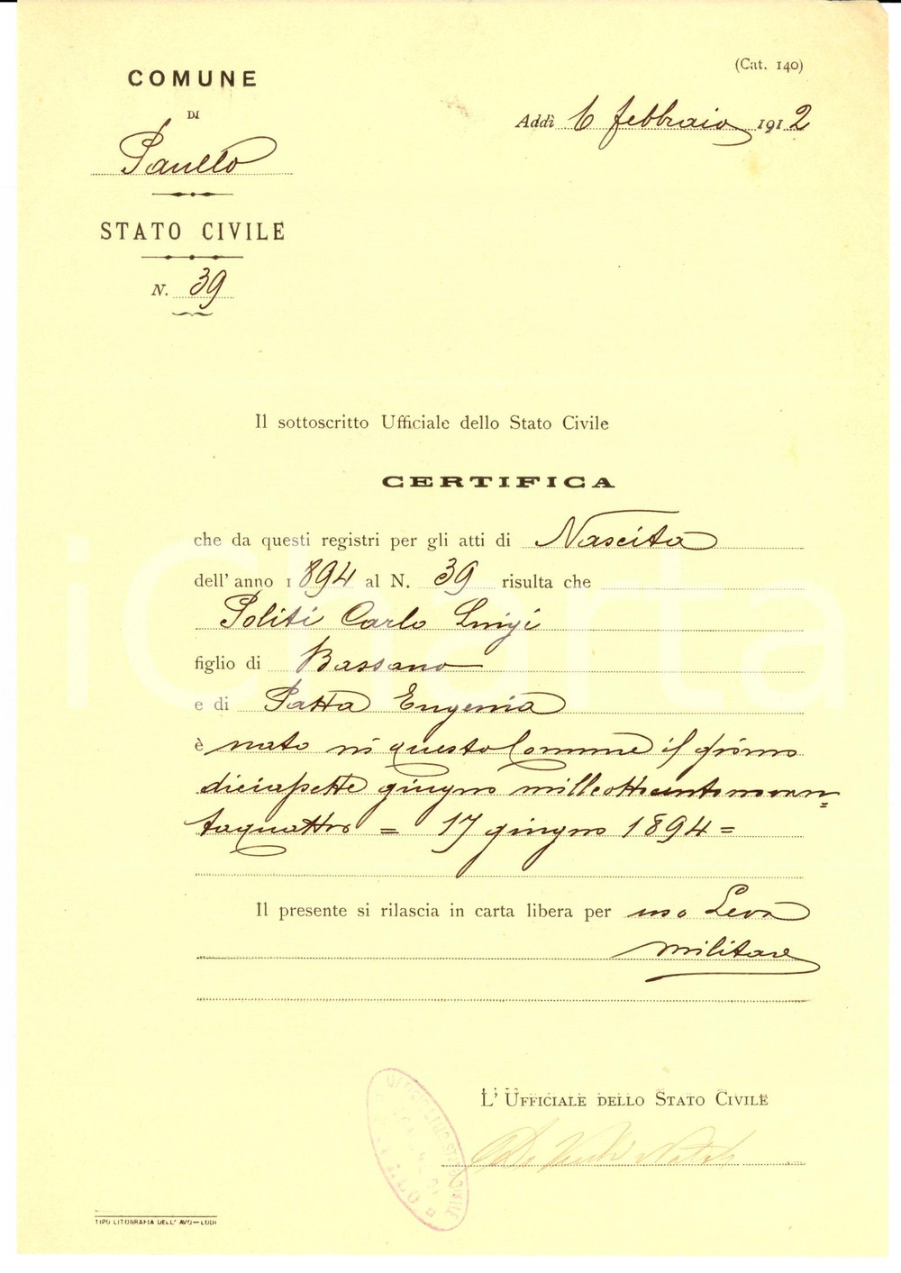Documento originale, autentico 1912 PAULLO MI Atto di nascita di Carlo Luigi POLITI 1