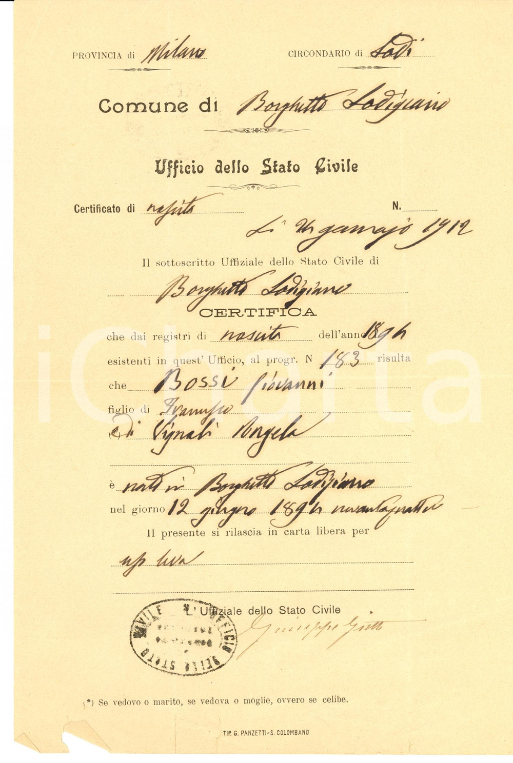 Documento originale, autentico 1912 BORGHETTO LODIGIANO LO Atto di nascita Giovanni BOSSI 1