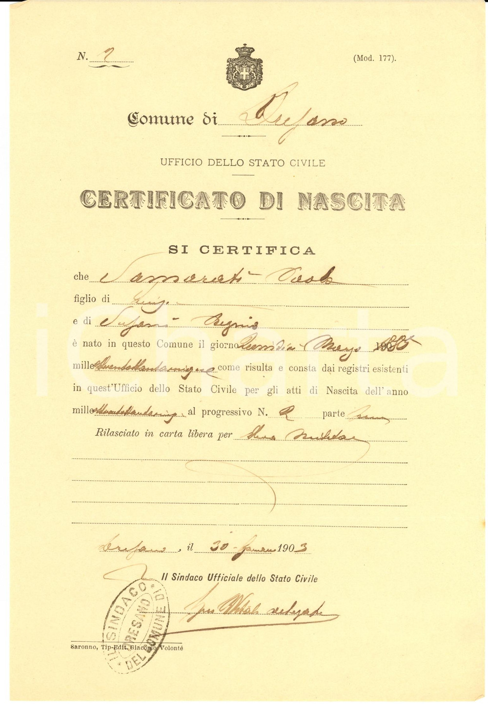 Documento originale, autentico 1903 DRESANO MI Atto di nascita di Paolo SAMARATI Documento 1