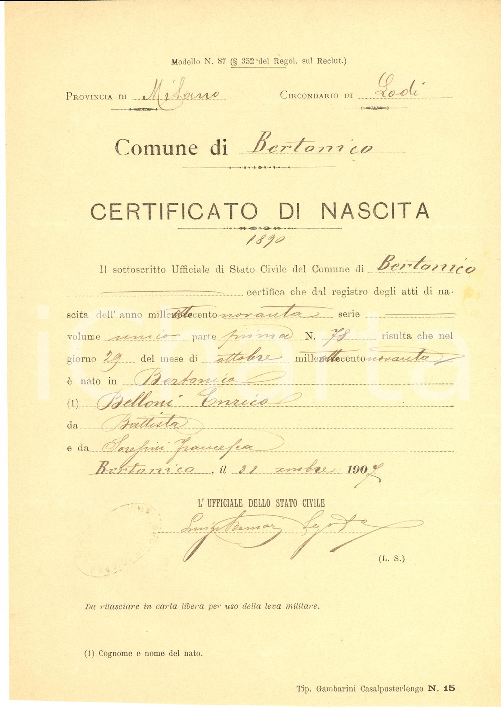 Documento originale, autentico 1907 BERTONICO LO Atto di nascita di Enrico BELLONI 1