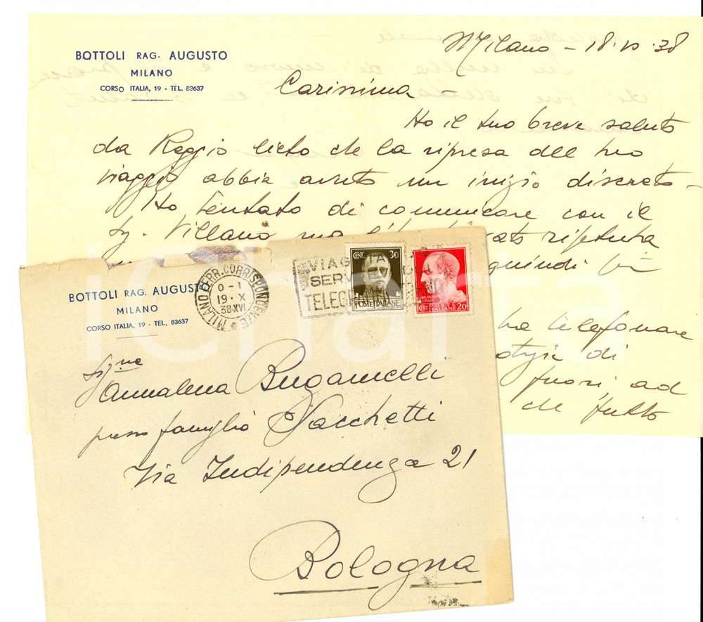 Documento originale, autentico 1938 MILANO Lettera rag. Augusto BOTTOLI  Carta intestata 1