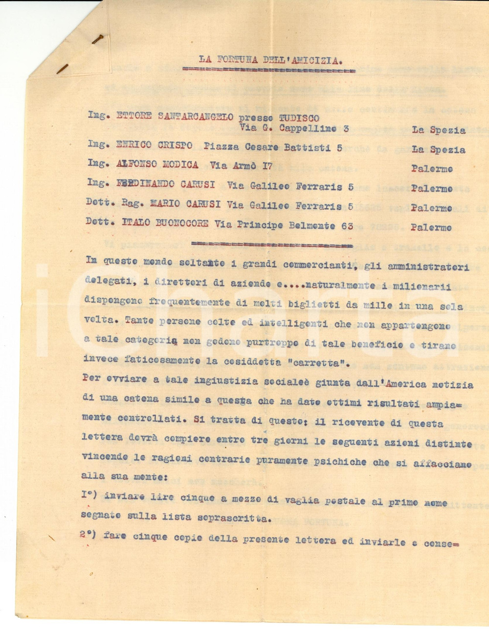 Documento originale, autentico 1930 ca LA FORTUNA DELL AMICIZIA Catena di Sant Antonio  Curiosa 1