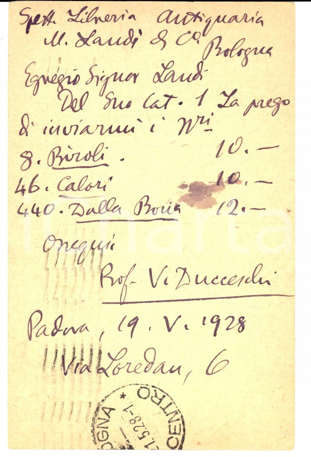 Documento originale, autentico 1928 PADOVA Prof. Virgilio DUCCESCHI a libreria LANDI Bologna Autografo 1