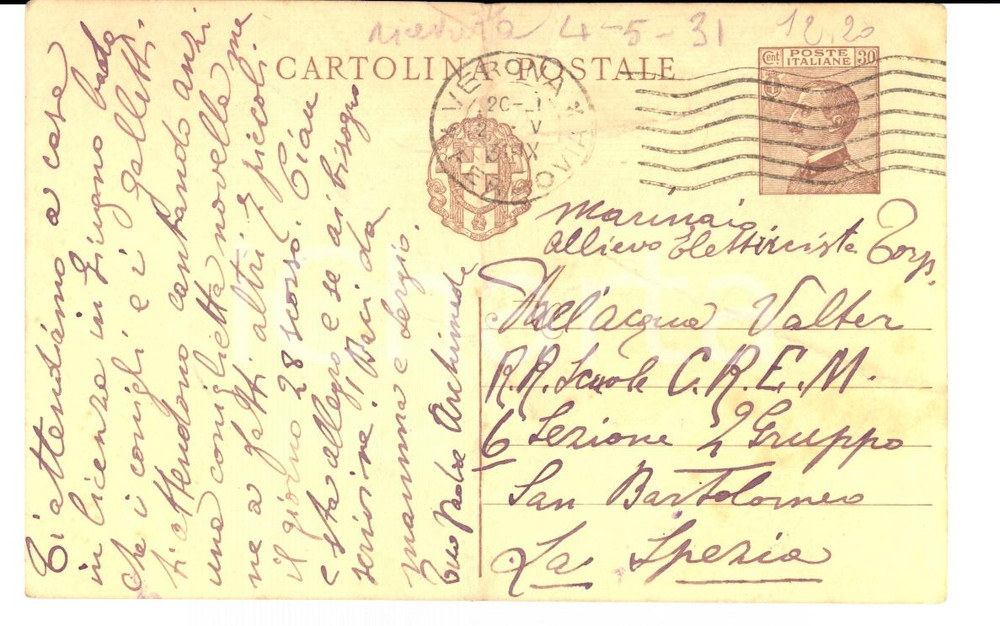 Documento originale, autentico 1931 SAN BARTOLOMEO SP Scuola C.R.E.M. Valter DALL ACQUA atteso dai conigli 1