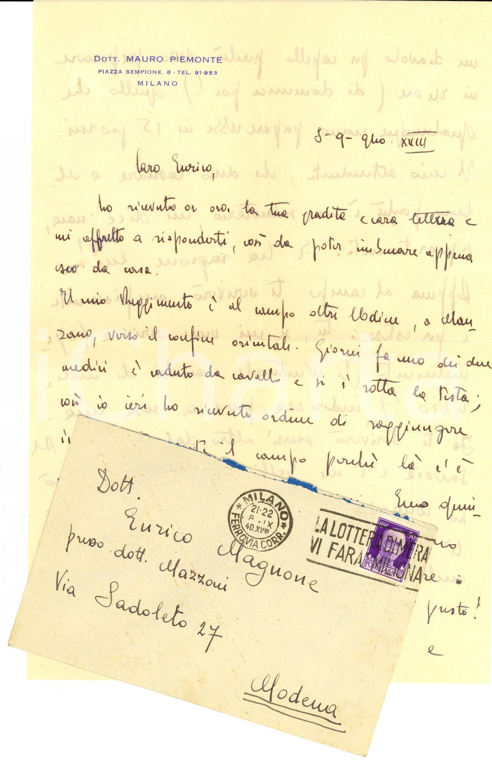 Manoscritto, lettera originale 1940 WW2 MILANO Mauro PIEMONTE medico di guerra per 1300 soldati 1