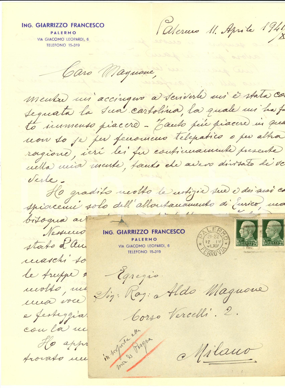 Manoscritto, lettera originale 1941 WW2 PALERMO Ing. Francesco GIARRIZZO soffre per figli in guerra AUTOGRAFO 1
