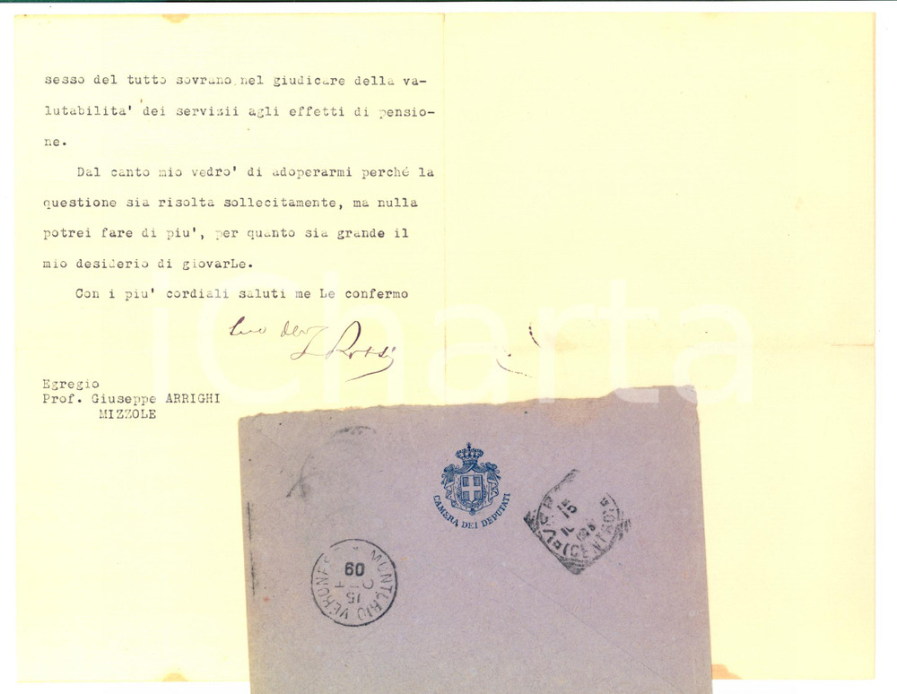 Documento originale, autentico 1909 ROMA On. Luigi ROSSI promette aiuto al conte Giuseppe ARRIGHI Autografo 1