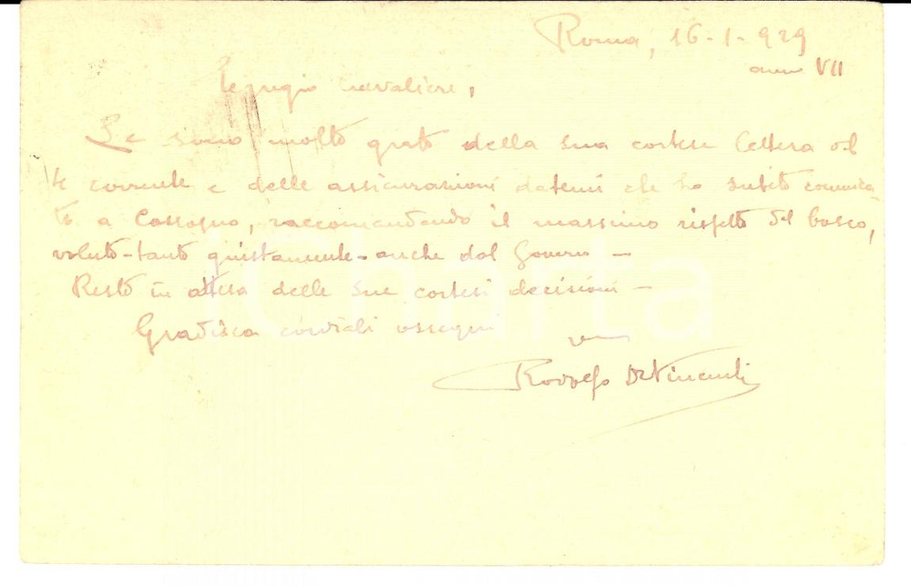 Autografo originale 1929 COSSOGNO VB Rodolfo DE VINCENTI raccomanda di salvare un bosco Autografo 1