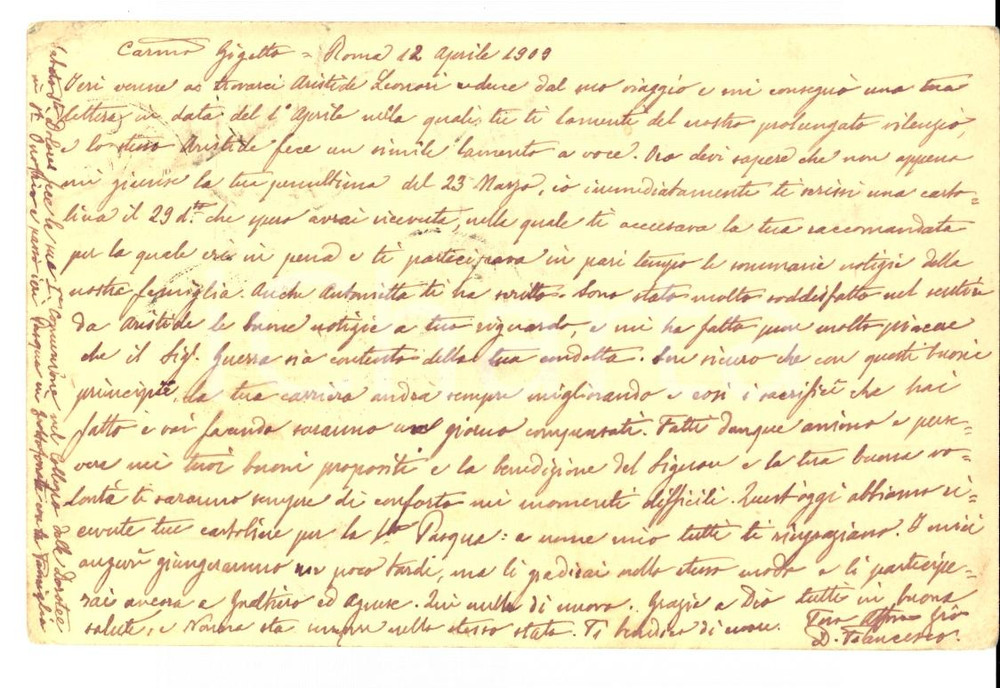 Documento originale, autentico 1909 BANCO DI ROMA Auguri per la carriera a Luigi ROCCHI Cartolina postale 1