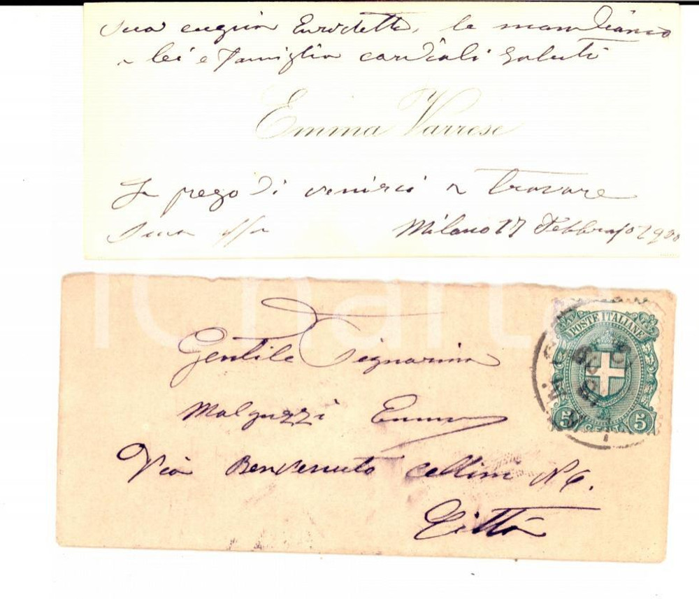 Oggetto da collezione cartaceo 1908 MILANO Biglietto da visita Emma VARRESE a Emma MALGUZZI 1
