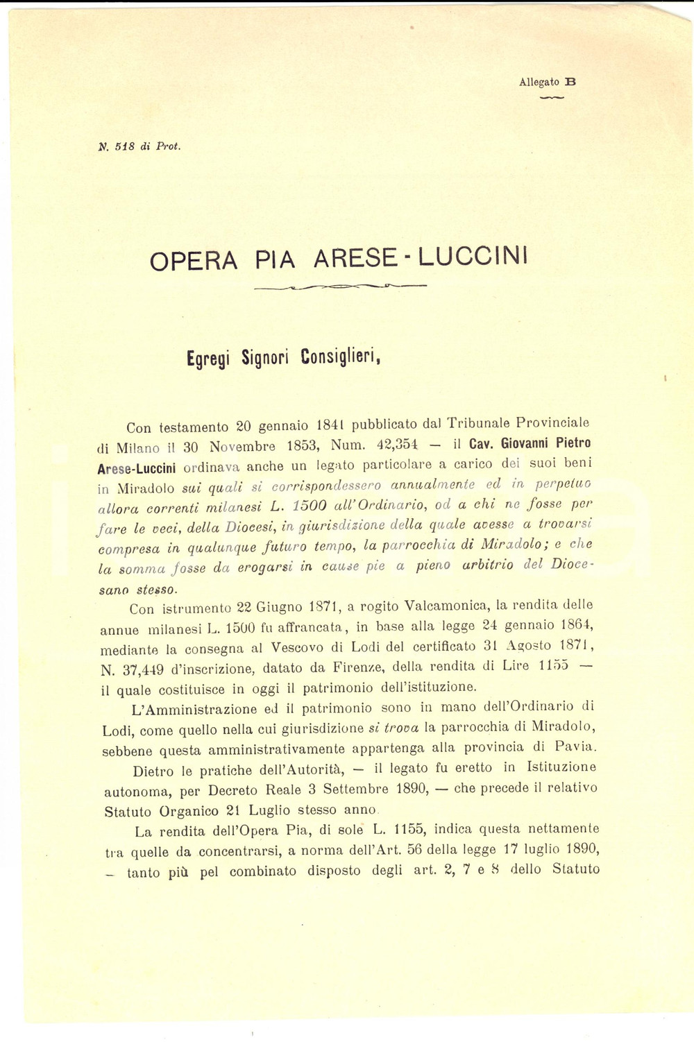 Manoscritto, lettera originale 1893 LODI Vescovo teme di perdere patronato su Opera Pia ARESE LUCINI 1