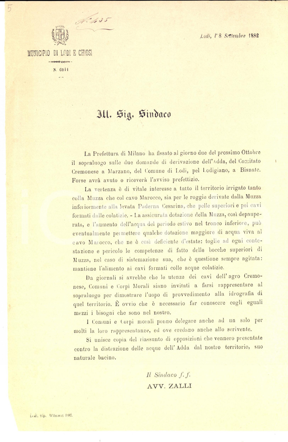 Manoscritto, lettera originale 1882 LODI Vertenza su derivazione dall Adda per cavo MAROCCO e canale MUZZA 1