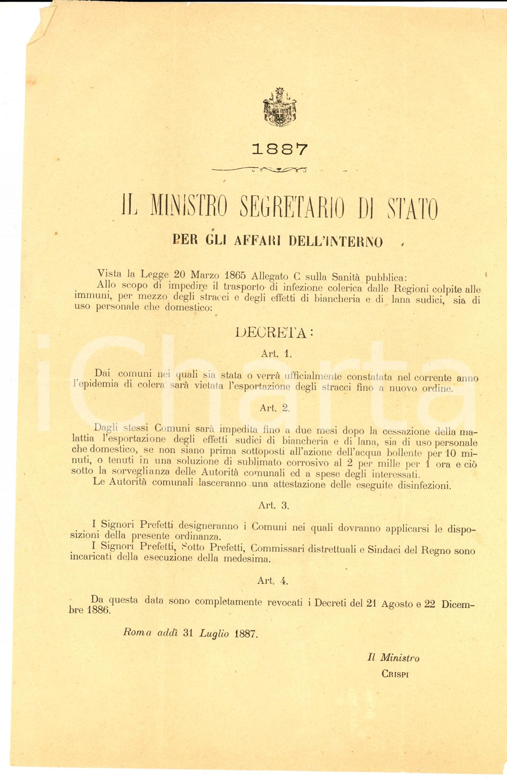 Documento originale, autentico 1887 ROMA Divieto di esportazione di stracci sudici contro il colera Documento 1