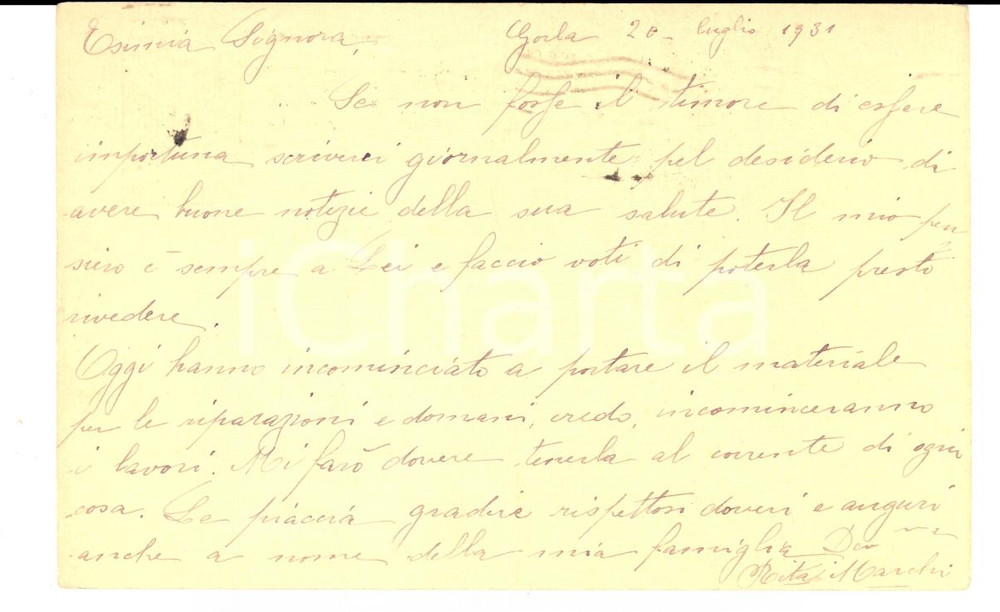Documento originale, autentico 1931 MILANO GORLA Restauri casa baronessa Fanny LEONINO CAVALIERI Cartolina 1