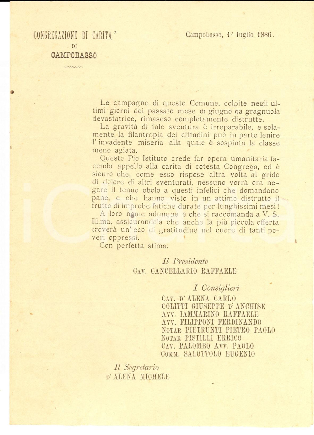 Documento originale, autentico 1886 CAMPOBASSO Carità ai contadini vittime della grandine LETTERA 1