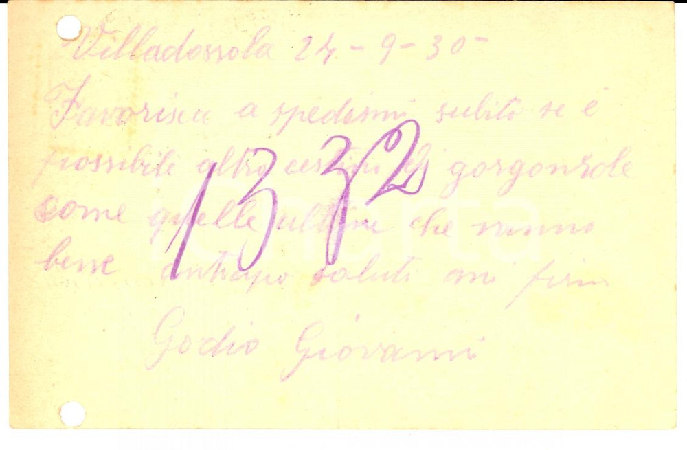 Documento originale, autentico 1930 VILLADOSSOLA VB Giovanni GODIO ordina gorgonzole a Luigi GUFFANTI 1