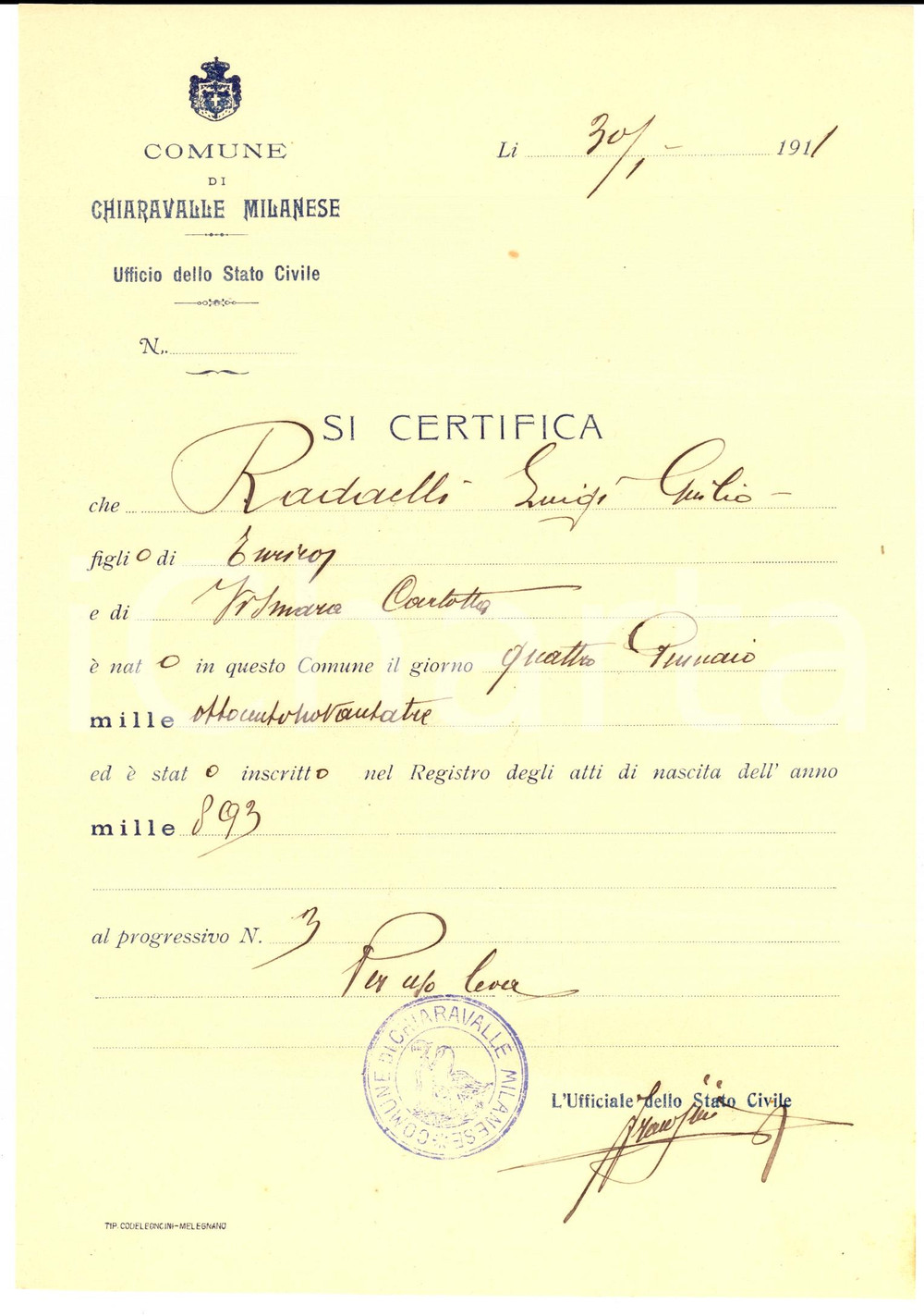 Documento originale, autentico 1911 CHIARAVALLE MILANESE MI Atto di nascita di Luigi Giulio RADAELLI 1