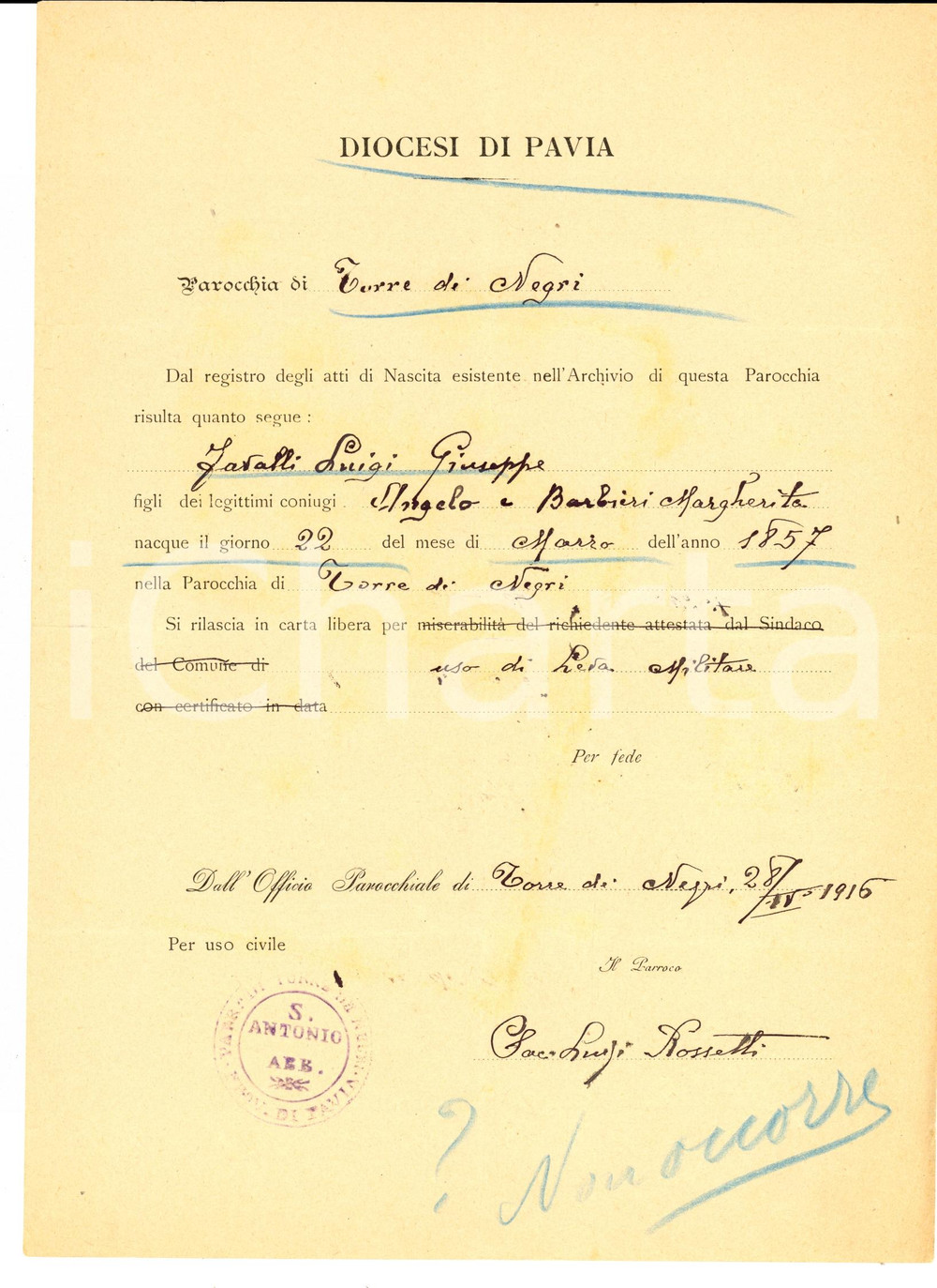 Documento originale, autentico 1916 TORRE DE  NEGRI PV Atto di nascita di Giuseppe Luigi FAVALLI 1
