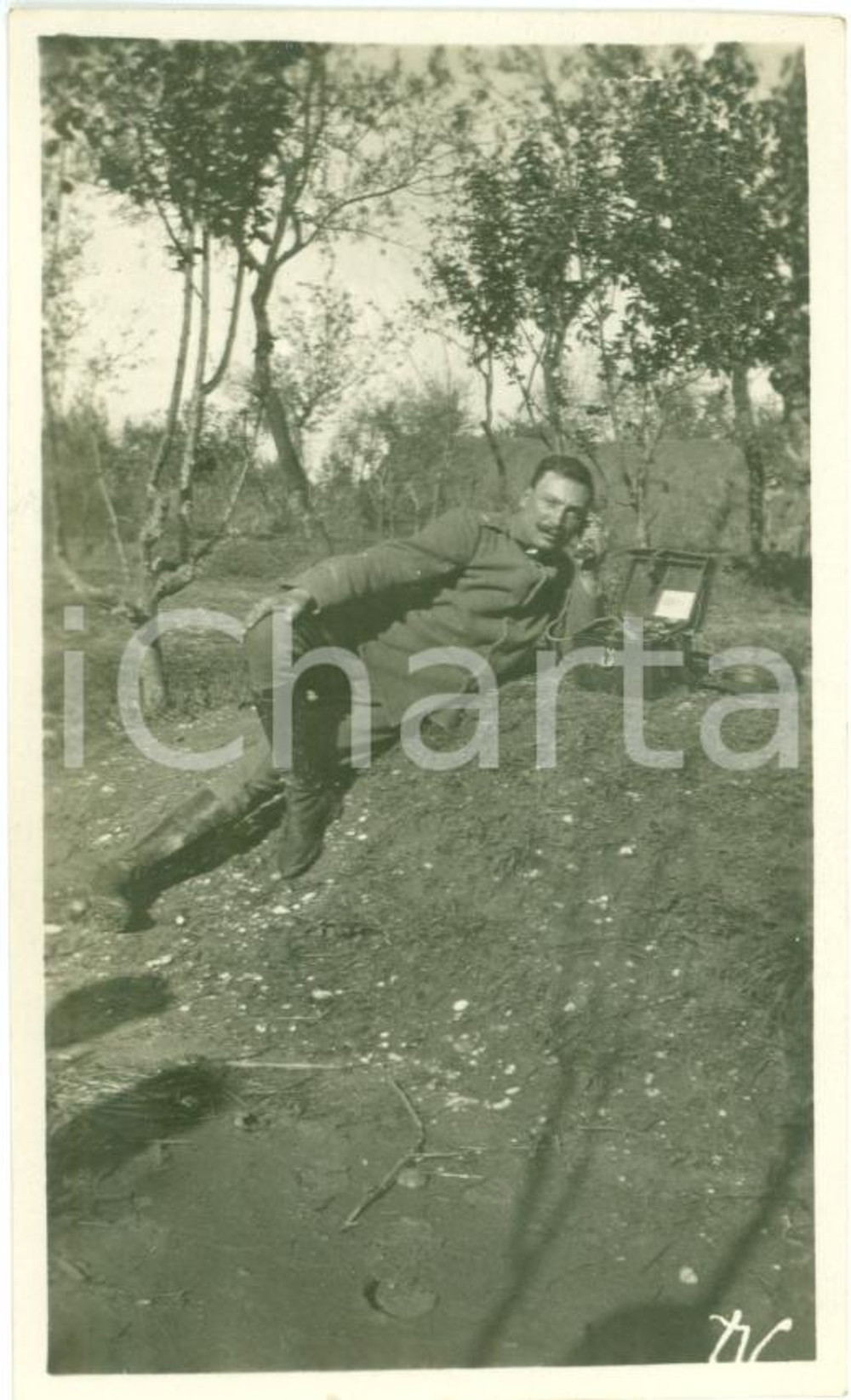 Fotografia d epoca originale 1917 SLOVENIA ? WWI Soldato fanteria telefono da campo FOTOGRAFIA 1