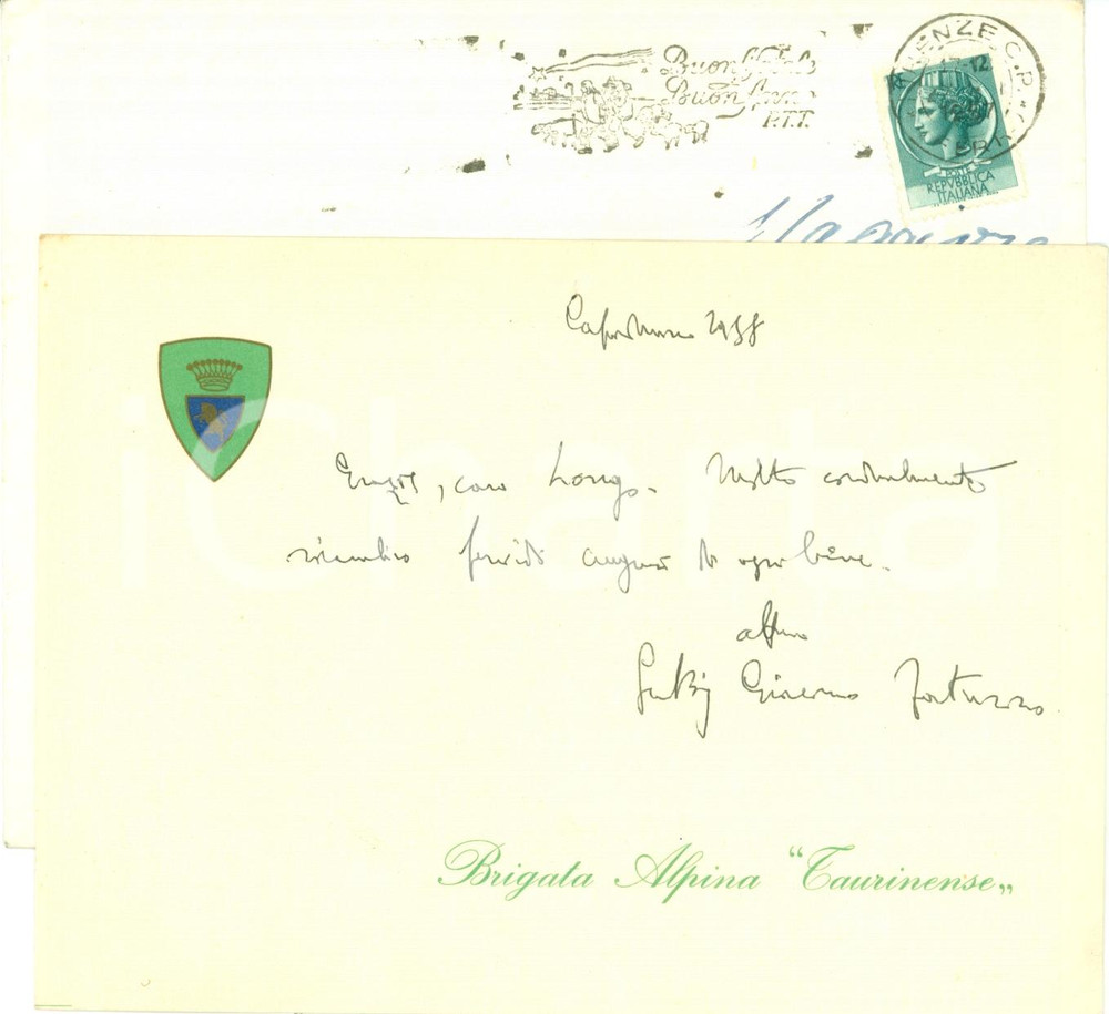 Autografo originale 1958 TORINO Brigata Alpina TAURINENSE Gen. Giacomo FATUZZO Biglietto AUTOGRAFO 1
