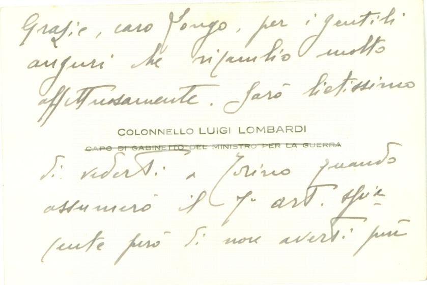 Autografo originale 1960 ca ROMA Colonnello Luigi LOMBARDI Gabinetto Ministro Guerra AUTOGRAFO 1