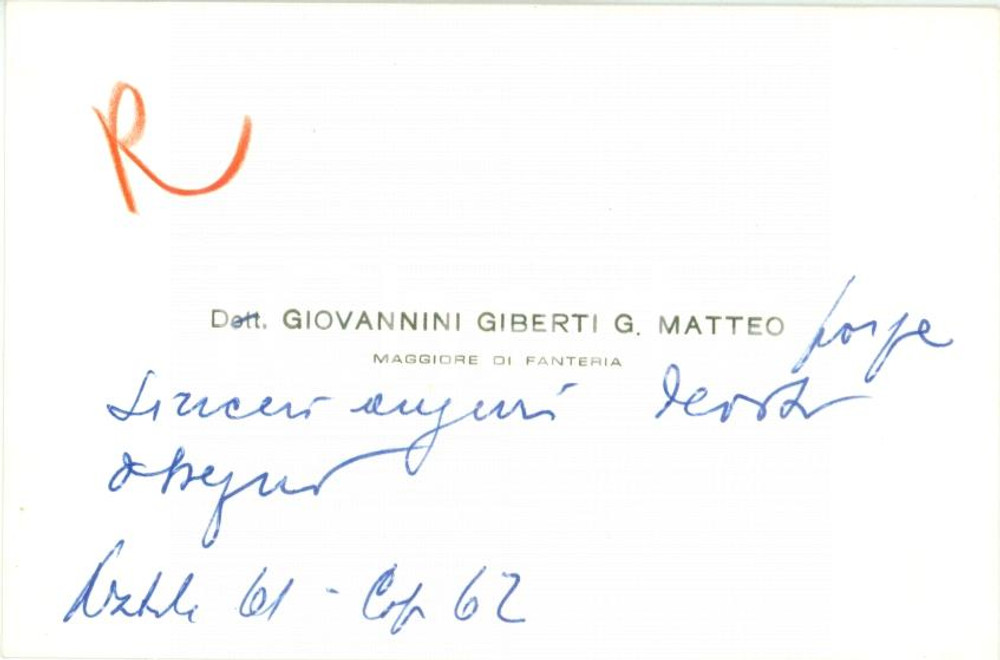 Autografo originale 1961 MILANO ? Gian Matteo GIOVANNINI GIBERTI Maggiore Fanteria AUTOGRAFO 1