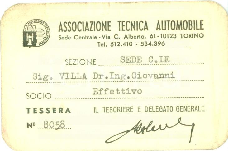 Oggetto da collezione cartaceo 1978 TORINO ATA Associazione Tecnica Automobile Ing. Giovanni VILLA Tessera 1