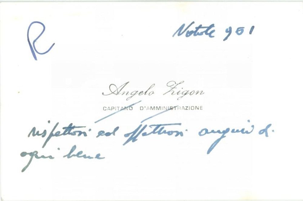 Autografo originale 1960 ca MILANO ? Angelo ZIGON capitano d amministrazione Biglietto con AUTOGRAFO 1