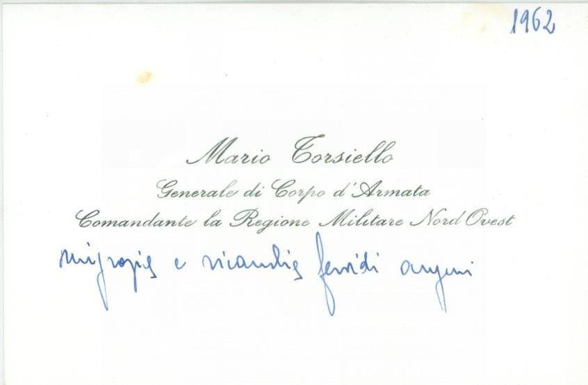 Autografo originale 1962 TORINO Mario TORSIELLO Comandante Regione Militare NORD OVEST Autografo 1