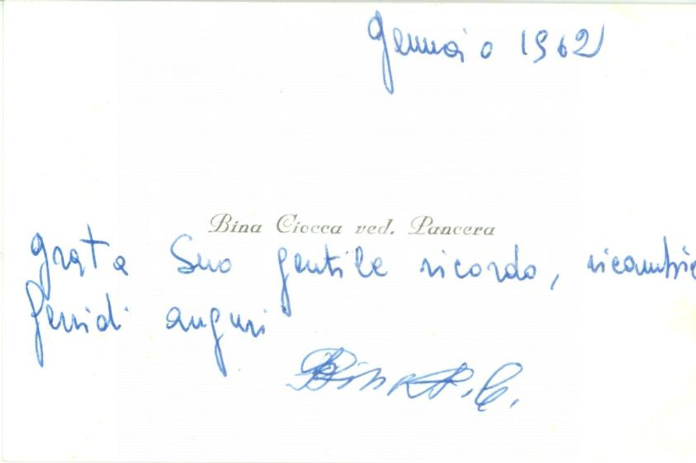 Autografo originale 1962 MILANO ? Bina CIOCCA vedova PANCERA Biglietto di auguri 1